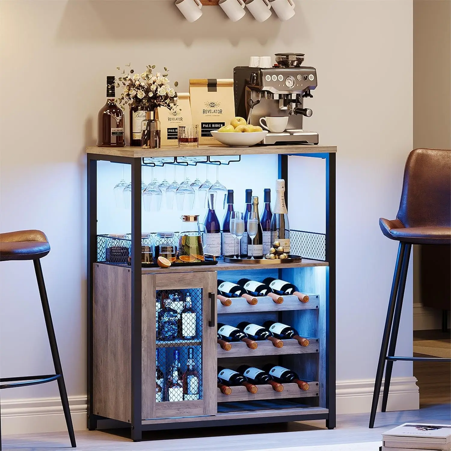 Adjustable Wine Bar Cabinet with LED Light, Mesh Door, and Baffle Design for Home Kitchen Dining Room
