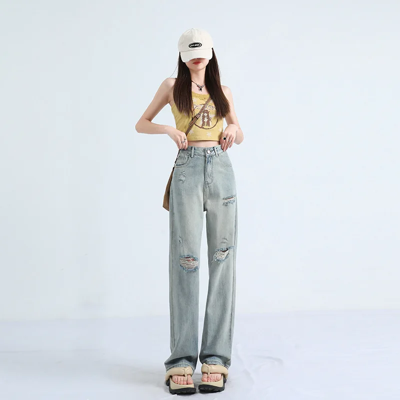 

Popular Ripped Jeans for Women with High Waist Wide Legs Loose Fit New Style Slim and Tall Straight Leg Floor Length Pants