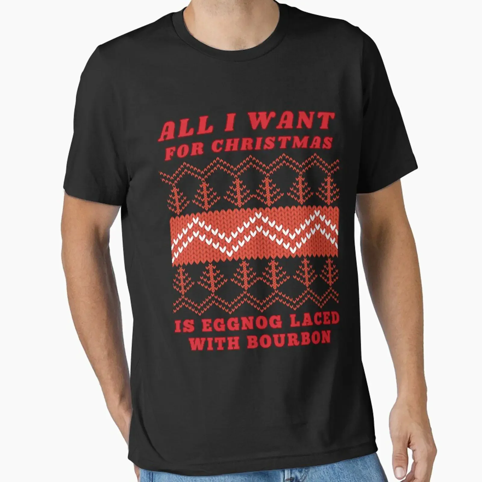 Alles, was ich mir zu Weihnachten wünsche, ist ein mit Bourbon angereichertes Eggnog-Design im Ugly-Sweater-Stil, ein Essential T-Shirt im Vintage-Washed-Casual-Look.