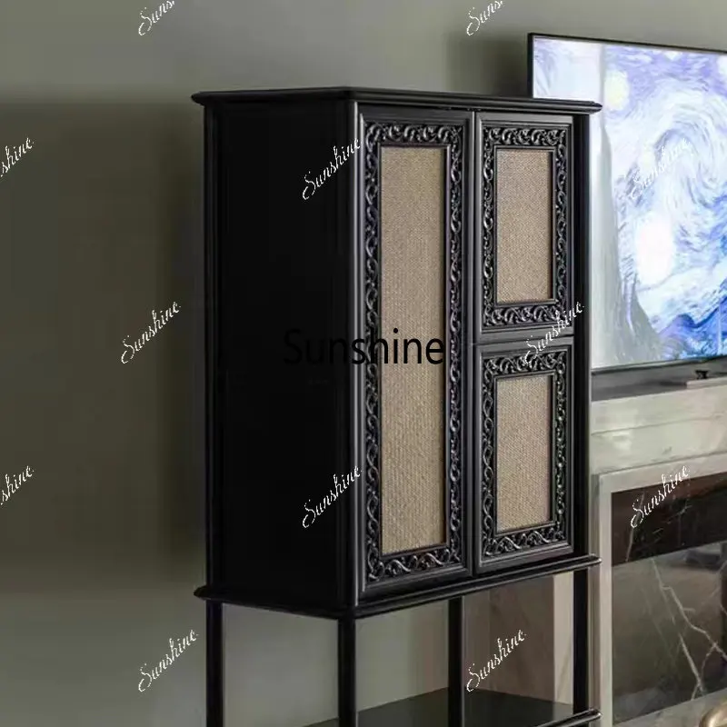 

Retro solid wood carving flower porch cabinet against the wall storage, rattan weaving, new Chinese small apartment