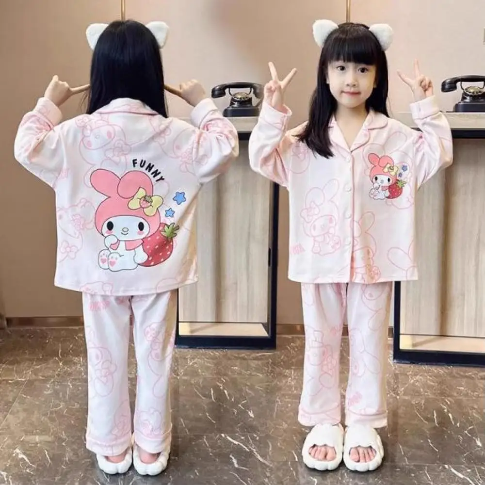 Anime Kuromi Kids Pajamas Sanrios Melody Cinnamoroll Flip Collar Cardigan Spring Long-Sleeved Cartoon Cute Cotton Homewear Set