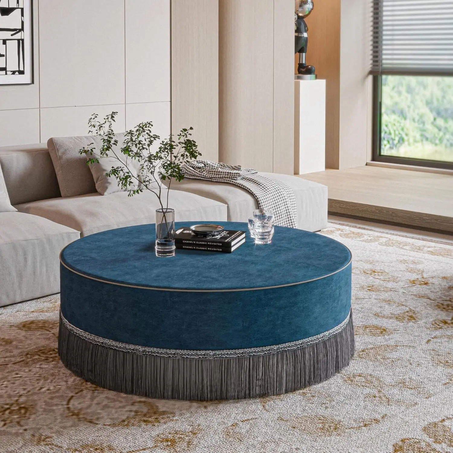 40 Inch Round Velvet Ottoman with Fringe Tassel, Coffee Table, Customized