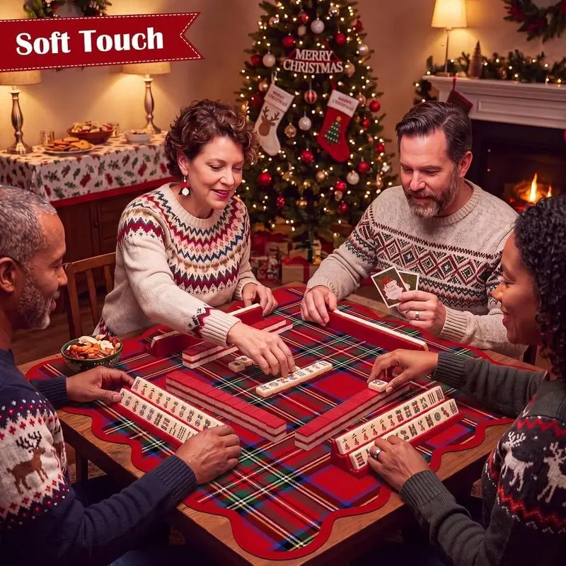 VIKAMA Square Mahjong Table Mat Christmas Red Tartan Plaid Print Non‑Slip Silent Foldable Game Pad for Xmas Party Home Decor