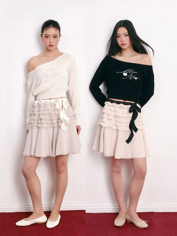 

Moonmoi Island Breeze Heavy Embellished Lace Splicing Hemmed Chiffon Gauze Atmosphere Half Skirt Women's Polyester Fiber Grommet