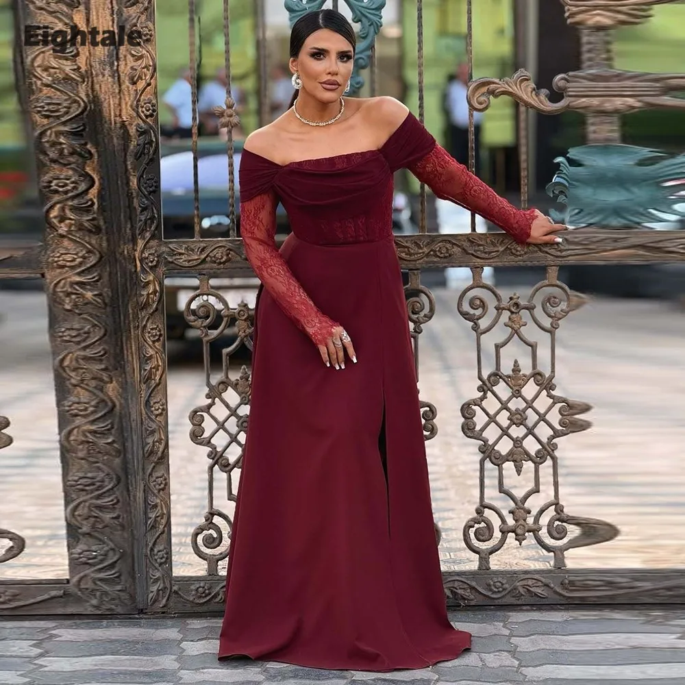 

Eightale Arabic Evening Dress Prom Gown Customized Scoop Lace Burgundy Long Sleeve Wedding Party Dress Mermaid Robes De Soirée