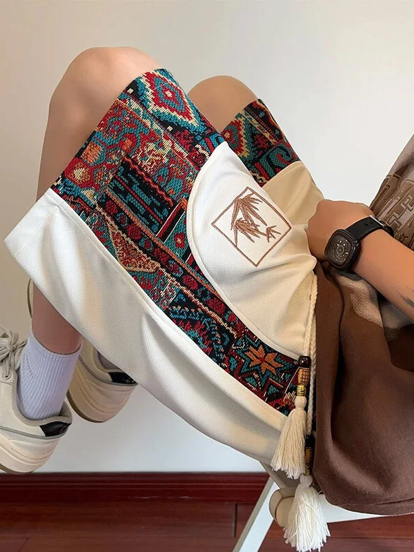 

New Chinese Sle National Trend Pattern Splicing Men's orts Summer Thin Beach Pants Straight Tube Five-Point Design Sensation