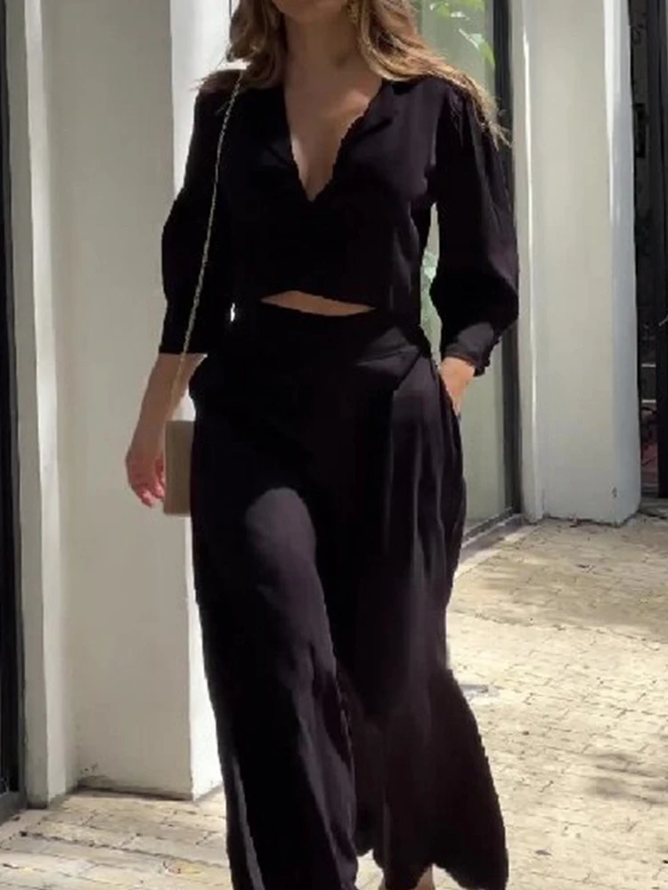 Drauuing 2 Piece Sets Women Long Sleeve Blouse Crop Top And Wide Leg Pant Casual Outfits Women Elegant 2 Pieces Sets Women