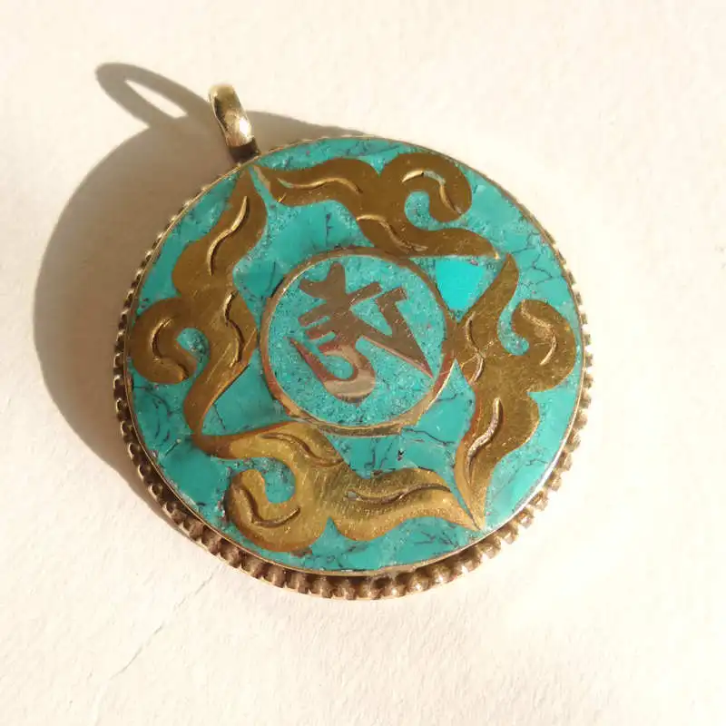 

Tibetan OM Amulet Pendant White Metal Copper Inlay Stone TBP153
