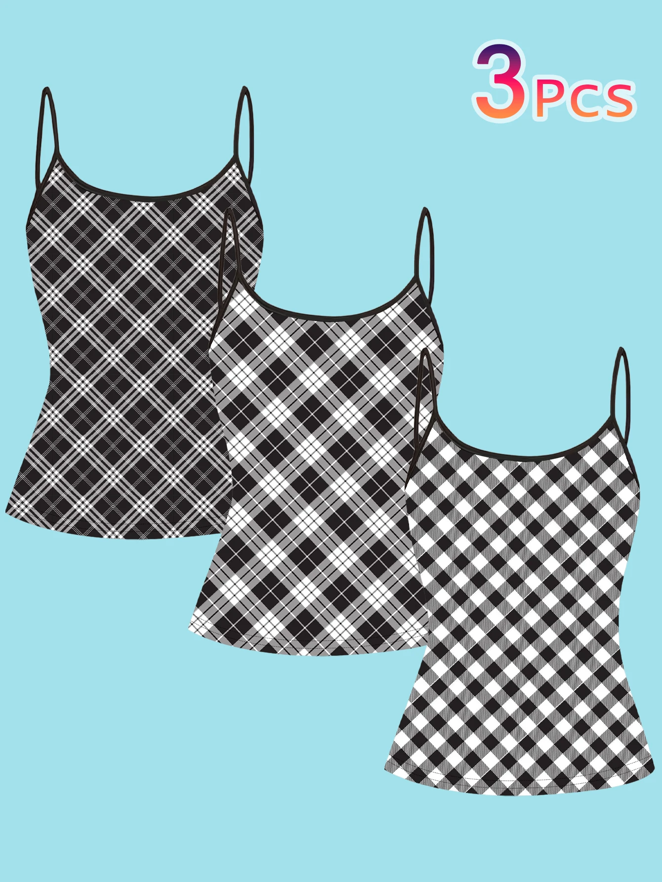 3-Pack Black and White Plaid Spaghetti Strap Tank Tops, Checkered Twill Slim Fit Sleeveless Tops, Basic Versatile College Style Inner and Outer Wear Base Shirts