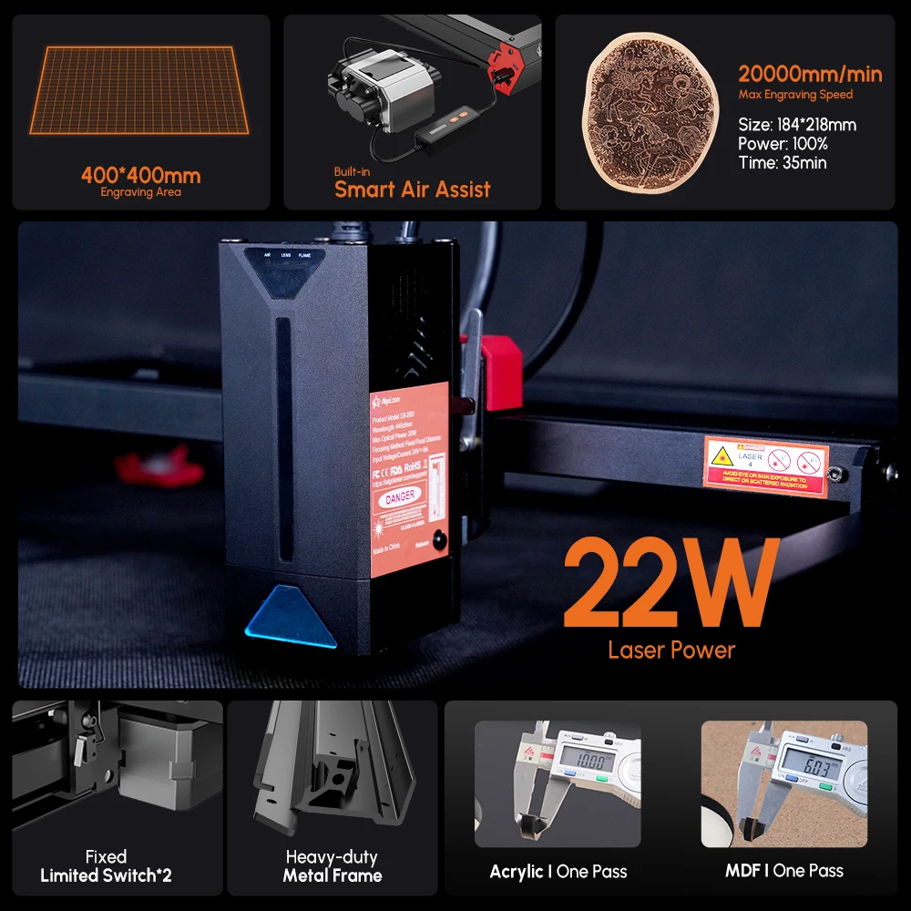 Algolaser Alpha 22W Laser Engraver with Auto Air Assist Pump 500+Color Engraving Fast Speed Support APP/Remote Control