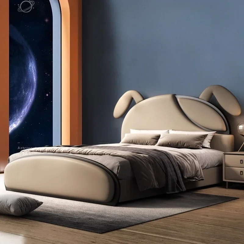 180x200cm Type Light Luxury Puppy Ear Style Children Bed Boy Girls Student Single Bedroom Furniture Genuine Leather Beds