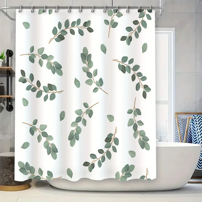 Современный декор для ванной комнатыЗеленая занавеска для душа с листвами и белым фоном идеально подходит для придания природе в ванну!