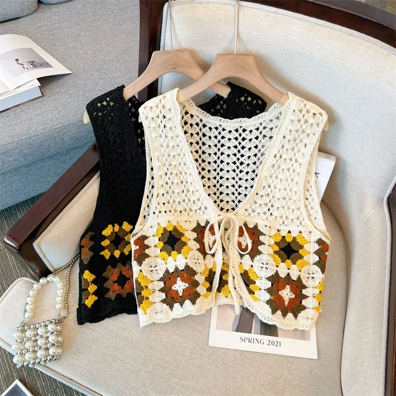 Hollow Crochet Sweater Vest Women Vintage V-Neck Lace Up Knit Cardigan 2024 Spring/Summer Versatile Loose Sleeveless Top