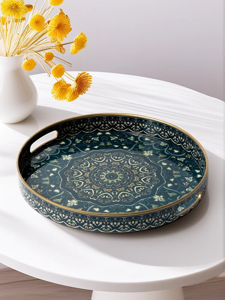 

Круглый поднос из полипропилена в богемном стиле с ручками, декоративный сервировочный поднос с узором для домашнего декора, обеденный поднос