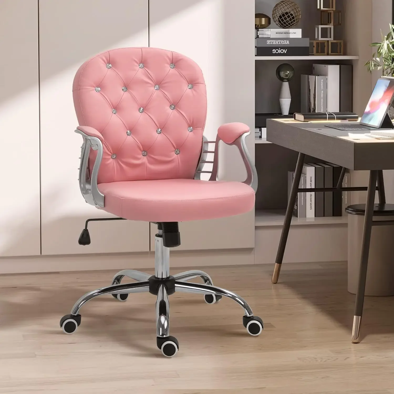 Silla de oficina en casa de cuero PU, silla de escritorio capitoné con botones y reposabrazos acolchados, altura ajustable y ruedas giratorias, rosa