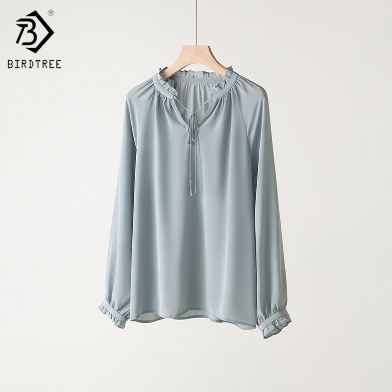 

Birdtree,100% Mulberry Silk Solid Blouse,Women's Double Crepe V-neck Tie Tops,Full Sleeve Shirt,2025 New Pullover T5D613JF