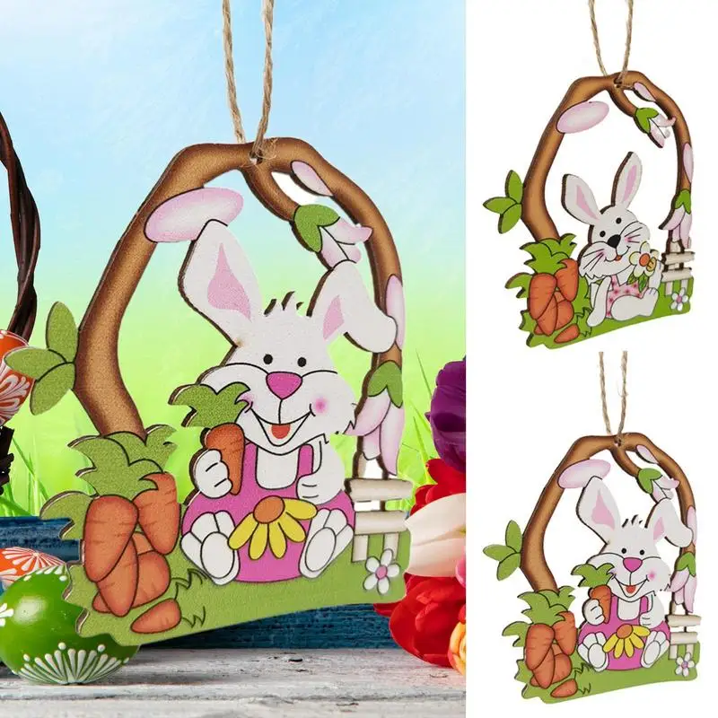 7.5x8.5cm Easter Wooden Pendant Decoration DIY Wood Hanging Crafts Cute Bunny Easter Ornaments Party Supplies Wood Crafts