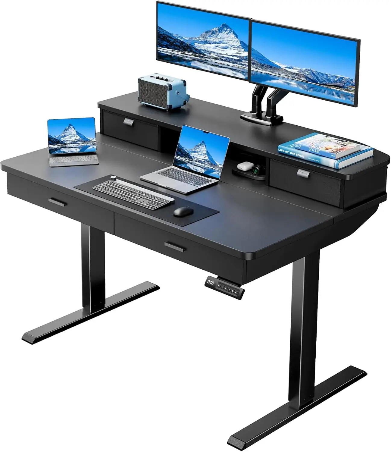 48 x 30 inch Electric Standing Desk with 4 Drawers, Adjustable Height Sit Stand Home Office Desk with Two Tiers