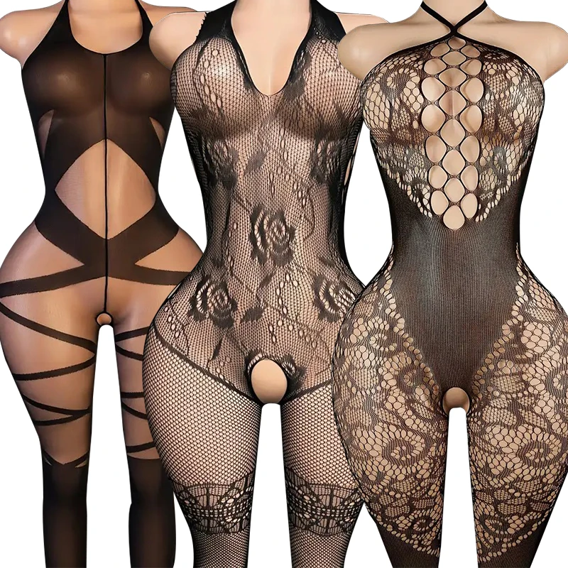 Sexy Babydoll Nightwear Ivory Halter Floral Bodystocking Open Crotch Teddy Lingerie Center Cutouts Exotic Underwear Pantyhose