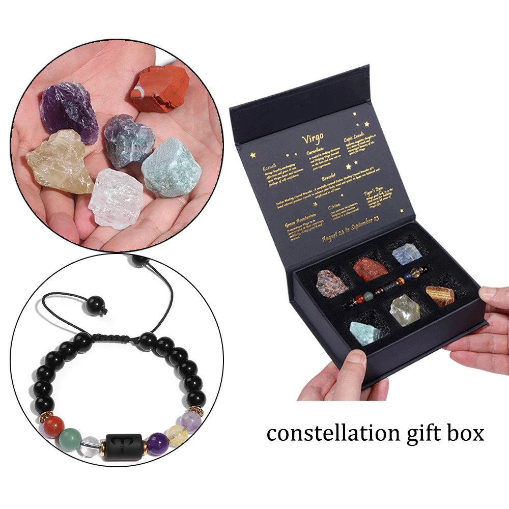 Natural Birthstone Gift Set 12 Constellation Braided Bracelet Crystal Hematite Raw Stone Gift Set Box Aries Giftware For Friends