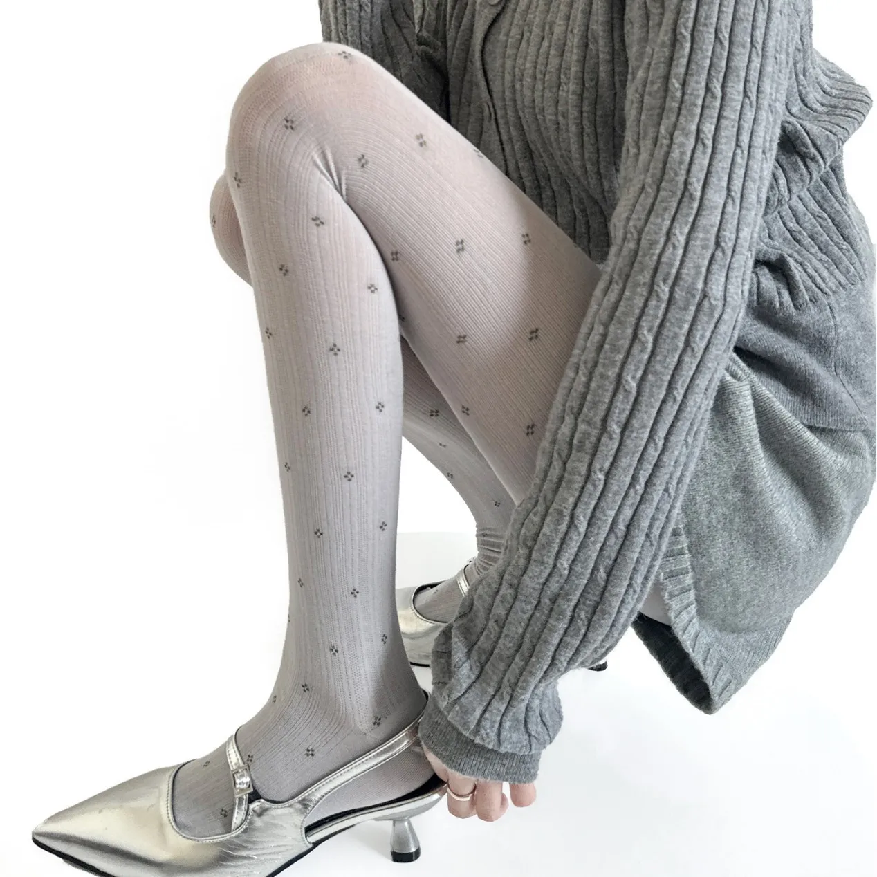 Women's Retro Floral Pattern Pantyhose High Elasticity Slimming Gray Tights with Vertical Stripe Dot Embellishment Micro-permeab
