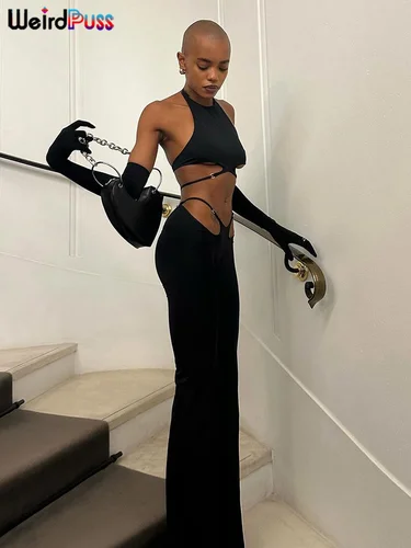 Imagen 2 del producto Conjuntos de 2 piezas con tirantes huecos de gato extraño para mujer, Tops sexys lisos con cuello Halter y espalda descubierta + Pantalones acampanados con lentejuelas, trajes ajustados para fiesta