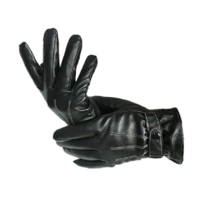 Winter Men's Black Leather Driving Gloves - Button Warm Mittens Luxurious PU Leather Windproof Genuine Driving Gloves