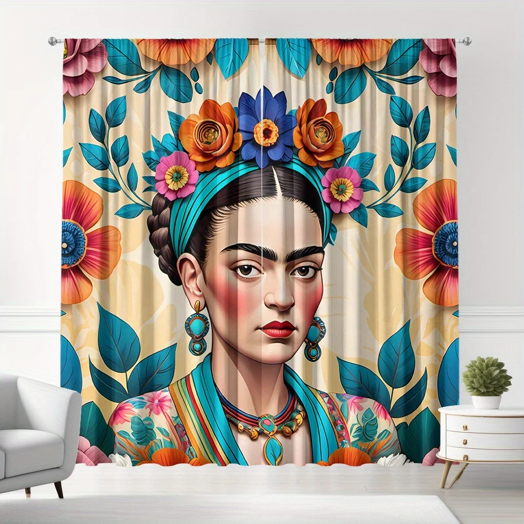 Bohemian Floral Pop Art Print Curtains Tropical Woman Portrait Window Drapes Boho Chic Maximalist Living Room Decor Home Window