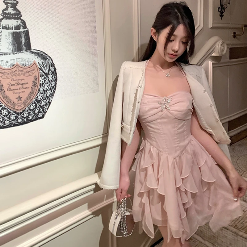 Women Elegant Mini Dress 2023 y2k Summer French Style Diamond Ruffles Pink Sexy Sweet Dresses Ladies Birthday Party Club Outfits