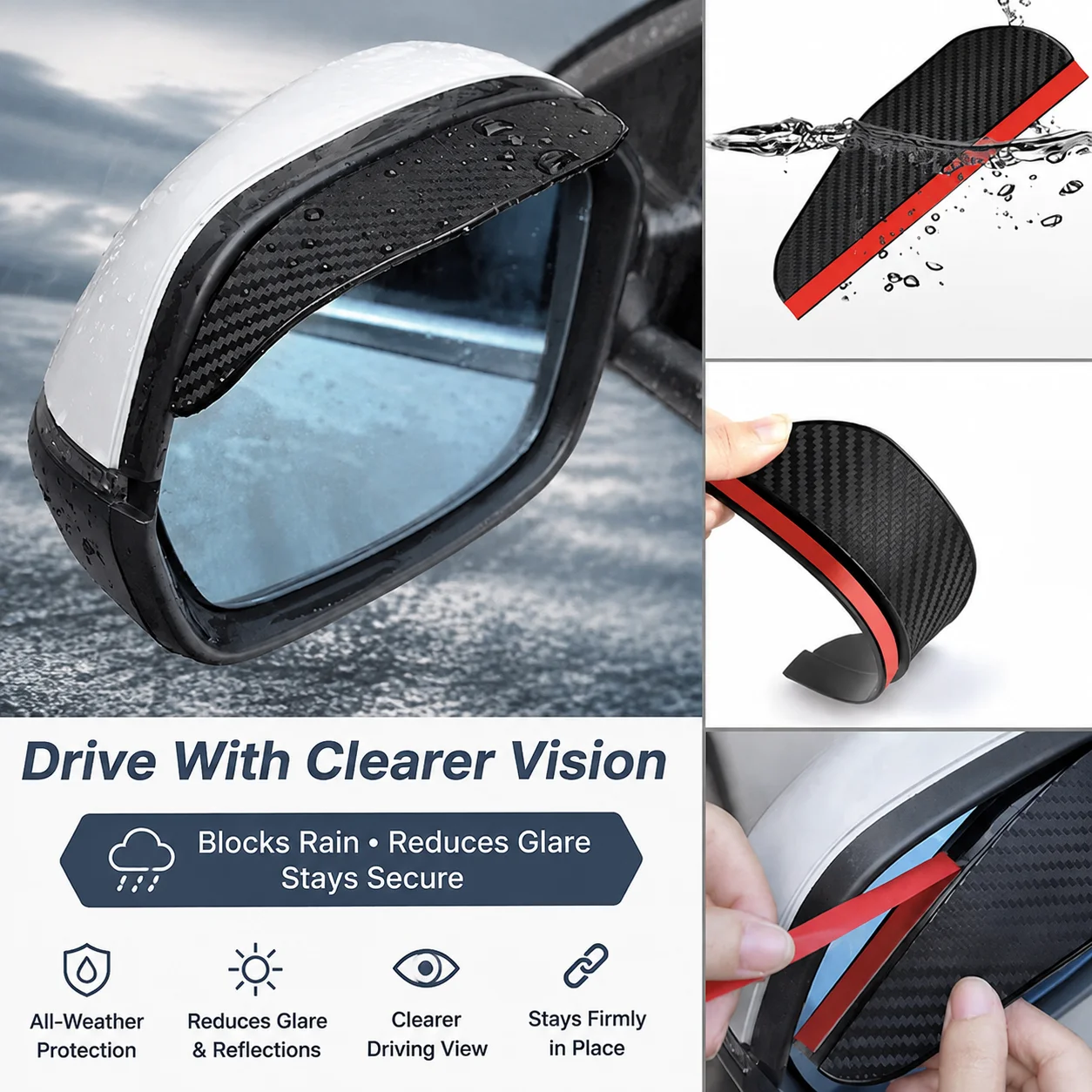 2Pcs Carbon Fiber Texture Car Side Mirror Rain Visors Adhesive Precise Fit Tear-Resistant Anti-Rain Rearview Mirror Guards