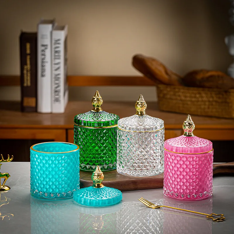 Light Luxury Glass Candy Jar with Lid Colorful Candy Storage Bottle Retro Candy Nut Storage Container Tabletop Craft Decoration