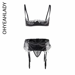 Ohyeahlady Women Sexy Underwear Open Cup Bra Sexy Cupless Exposed Breast Underwired Bra And Garter Panty Set Exotic Lingerie Set