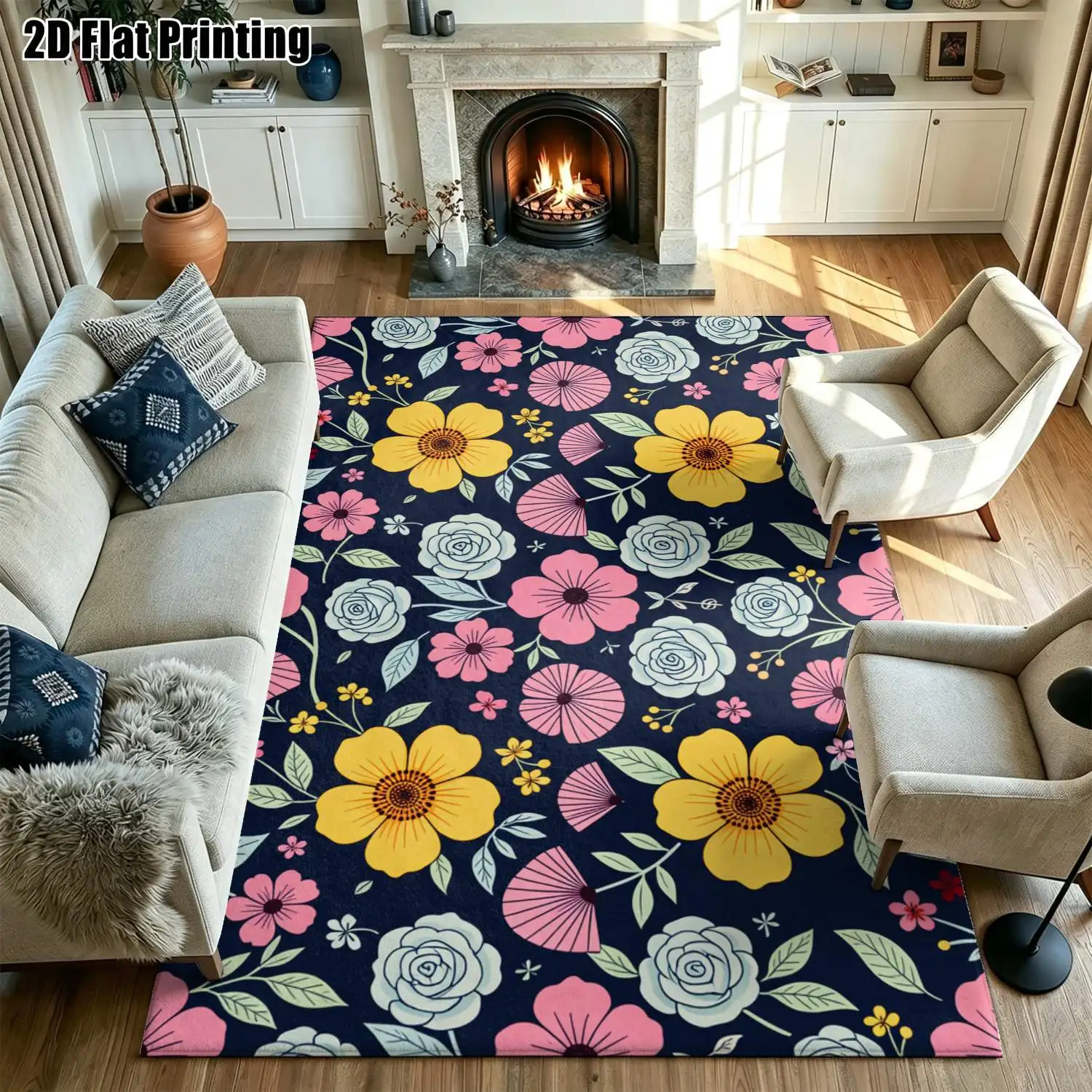 1Pc 2D Printed Nordic Floral Carpet, Pink-Yellow & Light Blue, Machine-Washable Multi-Size Mat for Home Decor, Multiple Scenes