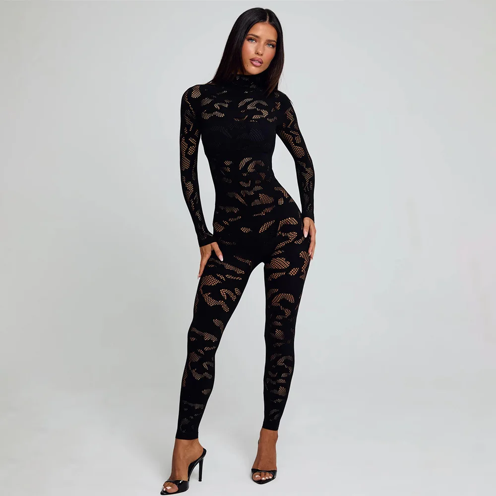Combinaison une pièce transparente tricotée appliquée, tentation Sexy, pantalon une pièce moulant à haute élasticité pour femmes, vêtements de fête Sexy