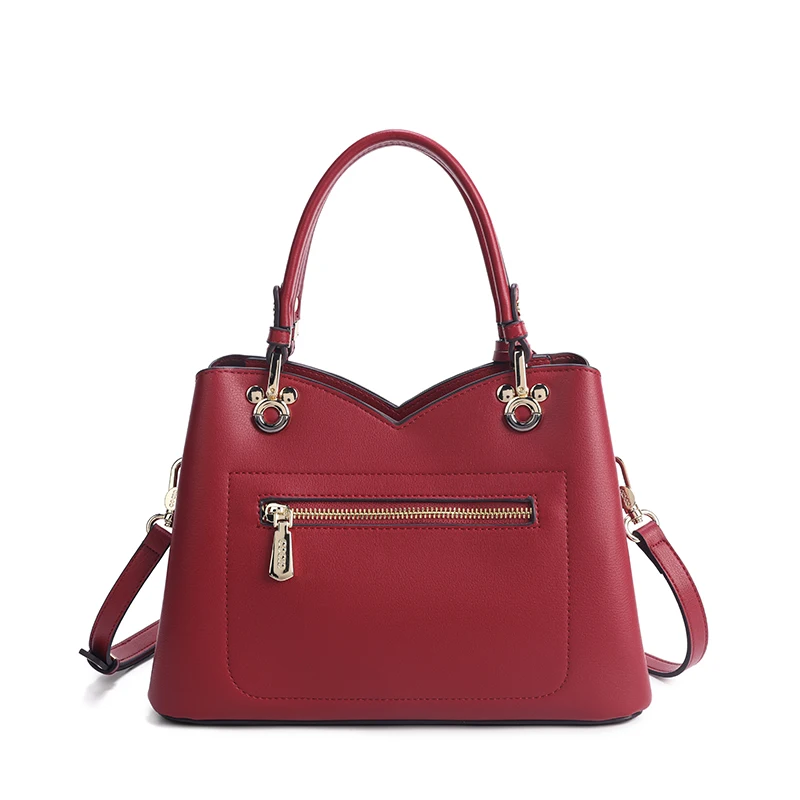 Women Wine Red Leather Handbag Structured Bag Double Handle with Cherry Charm Crossbody Shoulder Bag Elegant