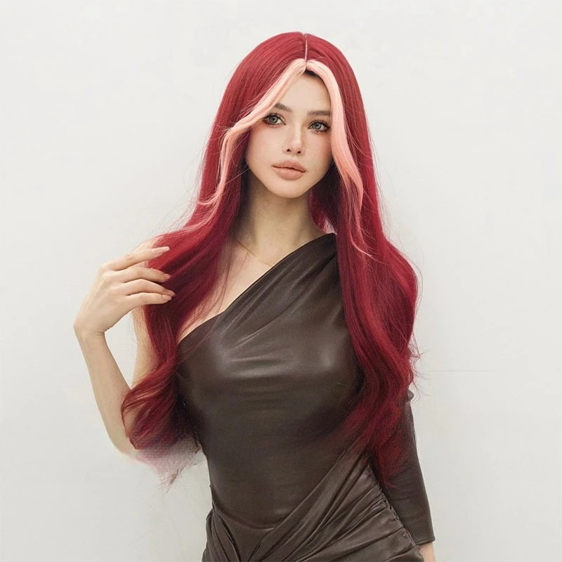 شعر مستعار نسائي متوسط الطول مجعد، غرة بورجوندي يسلط الضوء على درزات الشعر المطورة، ارتداء يوميًا، شعر مستعار مريح لكامل الرأس #2