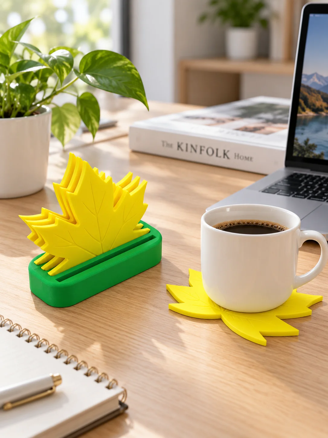 5-Piece Set of 3D Printed Pla Maple Leaf Coasters with Storage Base, Creative Autumn Leaf Design, Yellow Autumn-Themed Coasters, Space-Saving Storage Design, Non-Slip, Heat-Insulating, Waterproof, Table Protection, Anti-Scald, Anti-Scratch, No Water Stains, Reusable, Easy to Clean, Suitable for Wine Glasses, Tea Cups, Mugs, Thanksgiving Harvest Home Decor, Country Farmhouse Style, Suitable for Kitchen, Dining Table, Office Desk, Multi-Scenario Use, Nature Enthusiasts