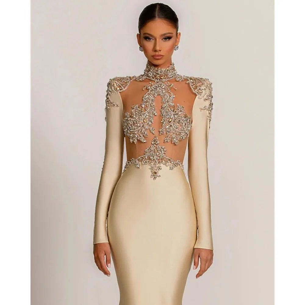 Luxury Women Evening Dress Chample Illusion Long Sleeve Crystal High Neck Chapel Train Satin Formal Occasion Graceful Women