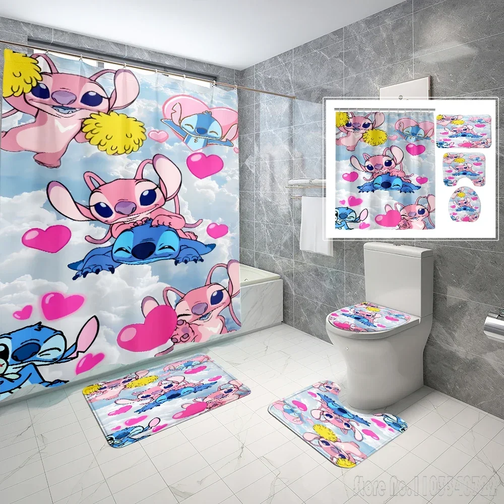 Disney Stitch Angle Bath Shower Curtain Set 4pcs with Hooks Cartoon Decor Bathroom Toilet Mat Lid