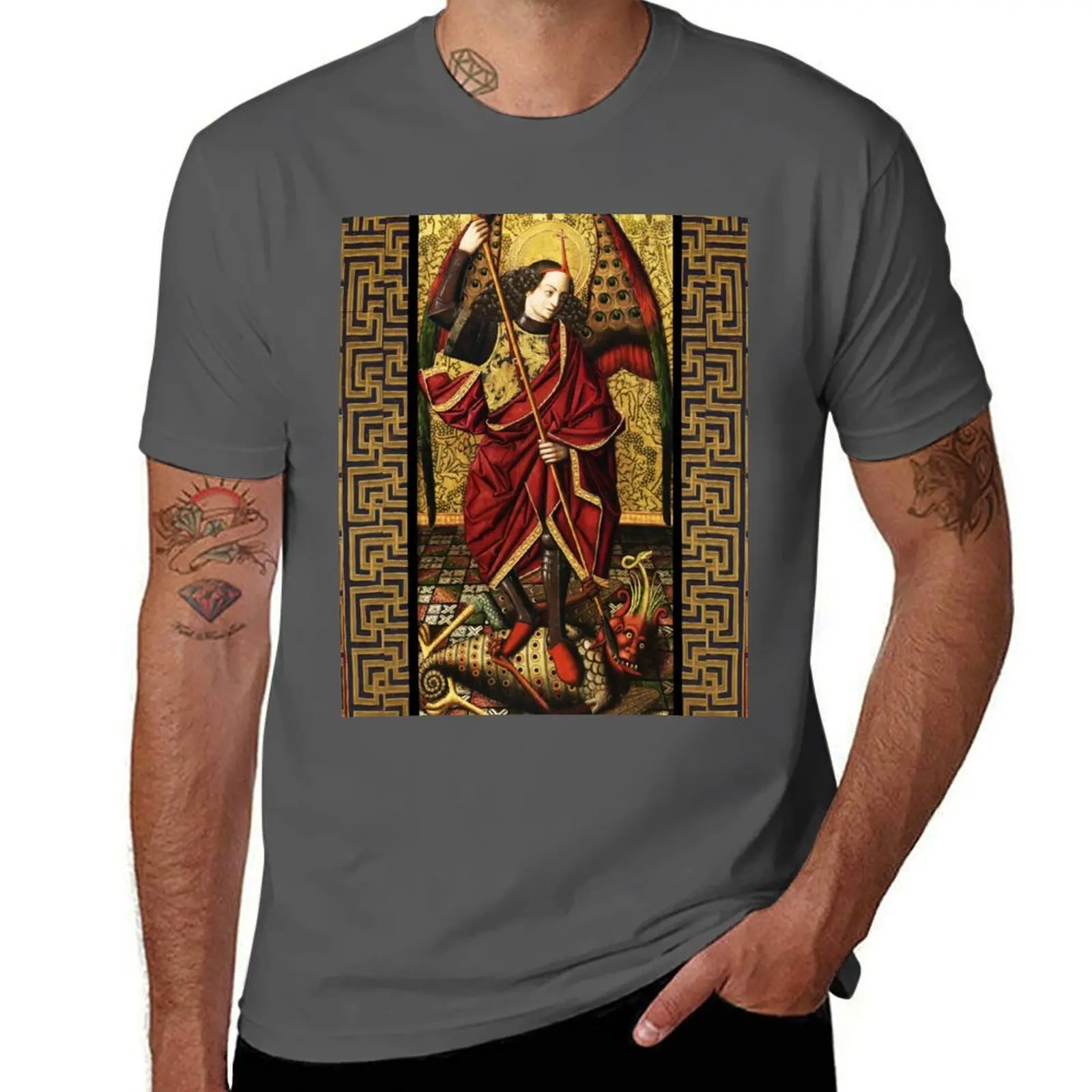 

St. Michael Archangel Defeating The Devil T-Shirt man t shirt cotton cotton t shirts high quality T-Shirt