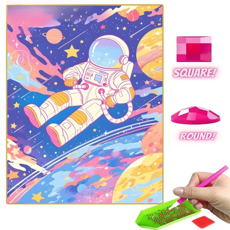 Rahmenloses Astronauten-Diamantgemälde Buntes Cartoon-Fantasie-Volldiamant-Mosaik Handgefertigtes Kinderkunstwerk Neues Produkt Heim-Deko