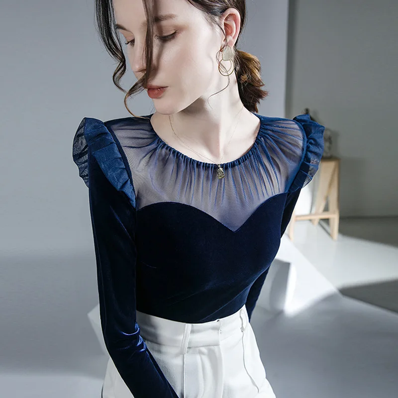 Women's Velvet Stretch T-shirt, Long-Sleeved Top, Perspective, Sexy Mesh, Harajuku Fashion, Dance Clothes, Y2k Top