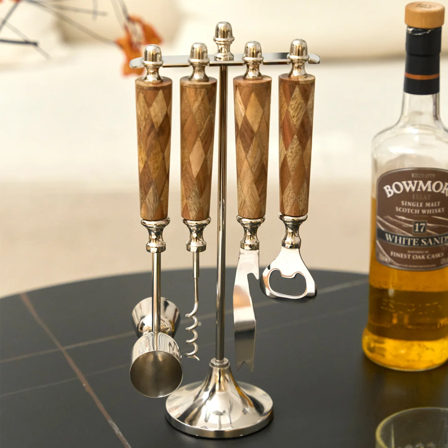 DSA Home Household Brown Rhombus Lattice Handle Stainless Steel Wine Set Bottle Opener Set Wine Cabinet Bar Decoration
