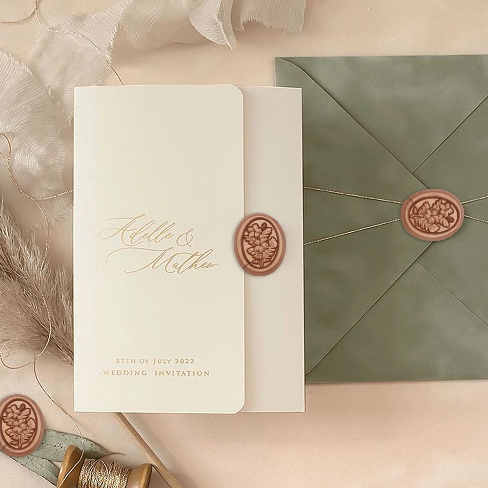 25pcs Oval Wax Seal Stickers - 3D Hibiscus Flower Wedding Invitation Envelope Botanical Seal Stickers, Self- Adhesive Light Gold