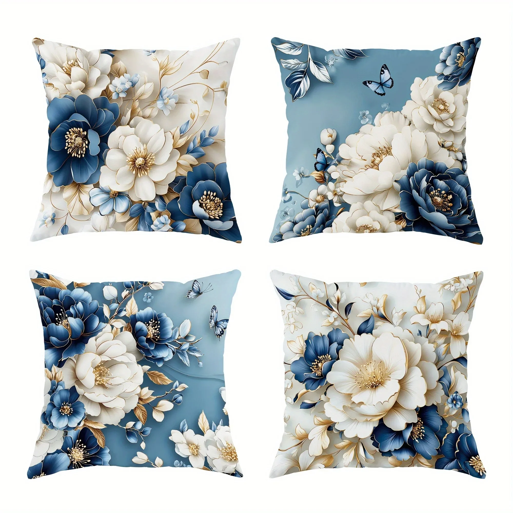 4pc Blue White Gold Floral Light Luxury Pattern Home Decor Pillowcase Living Room Sofa Polyester Cushion Cover with Zipper