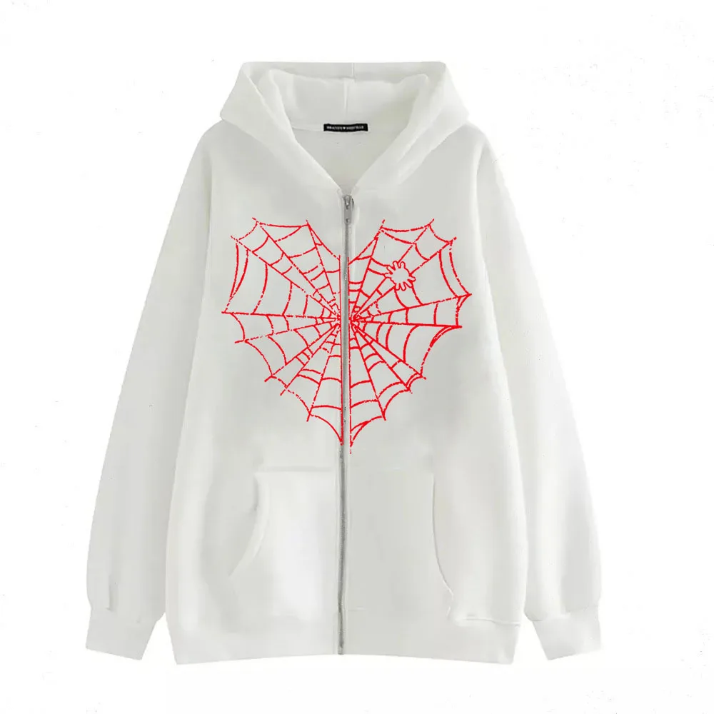 Spider Cobweb Pattern Zipper Hoodies Hip Hop Fashion Y2k Women Men Autumn Loose Zip Up Sweatshirt Retro Trend Couples Clothes