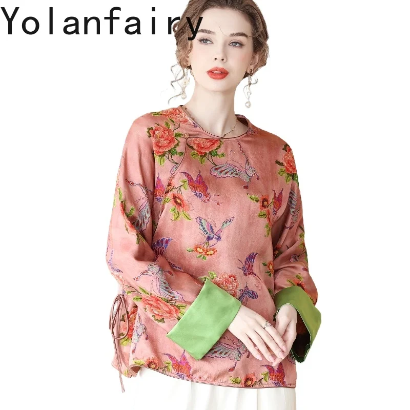 

YOLANFAIRY 35% Real Mulberry Silk Shirts Woman 2026 Vintage Floral Blouse Women Top Elegant Jacquard Shirt Chic Shirts Female