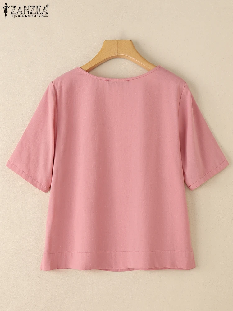 2025 ZANZEA femmes été tunique hauts décontracté à manches courtes solide Blouse rétro coton Blusas élégant col rond Chemise de travail Chemise ample