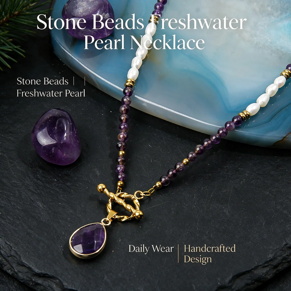 Handcrafted Women Natural Amethyst Beads Freshwater Pearl Necklace Teardrop Stone Pendant Toggle Clasp Fashion Necklace