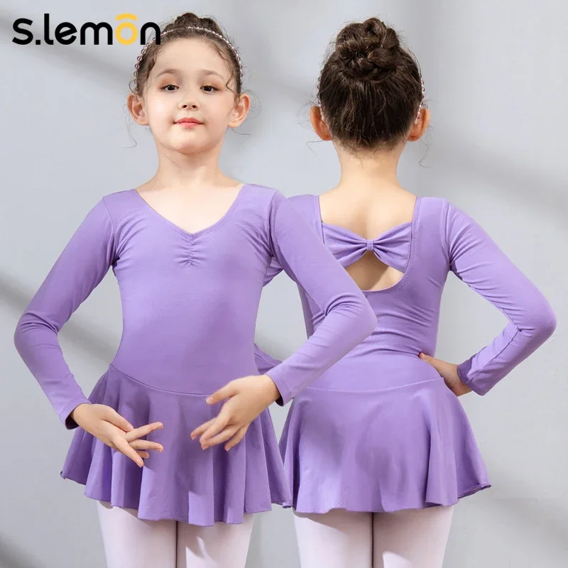 

Детский балетный трико S.lemon, платье с бантом на спине, дизайн для танцевальной практики и выступления для девочек, цельный танцевальный костюм в китайском стиле